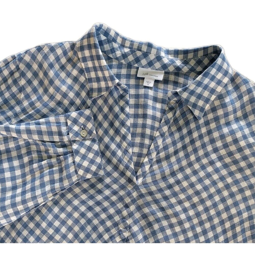 J Jill Love Linen Shirt XL Pullover Blue Gingham V-neck Long Sleeve Beachy Boho